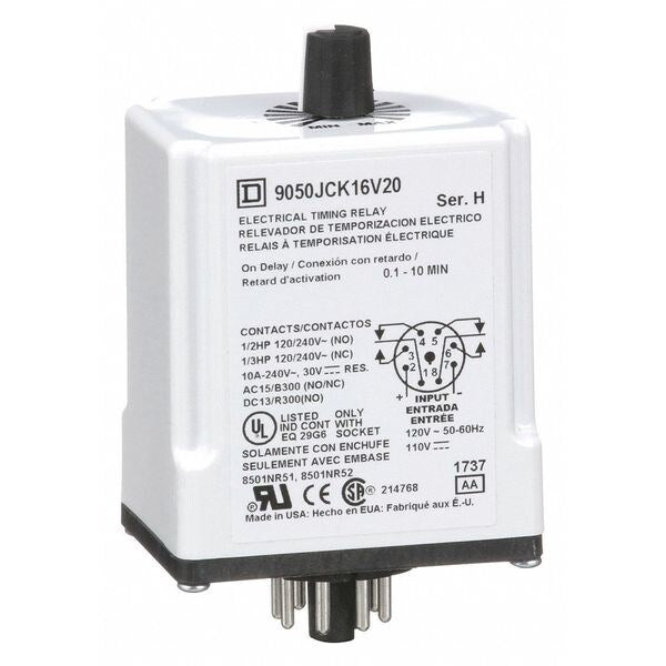 Time Delay Rlay, 120VAC, 10A, DPDT, 0.1 sec., Socket Code: A