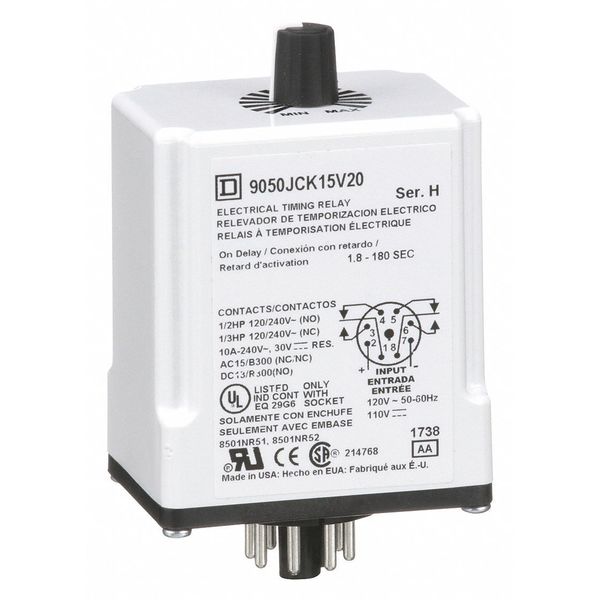 Time Delay Rlay, 120VAC, 10A, DPDT, 1.8 sec., Pins: 8