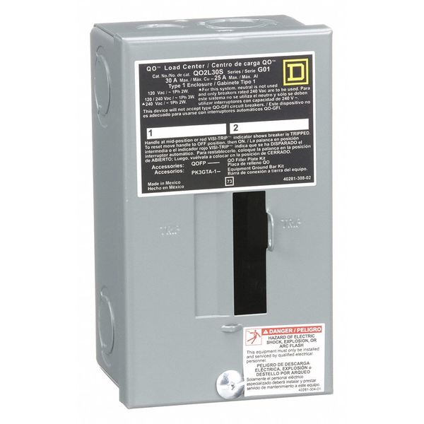 Load Center, 2 Spaces, 30 A Amps, 120/240V AC, QO Circuit Breaker Type