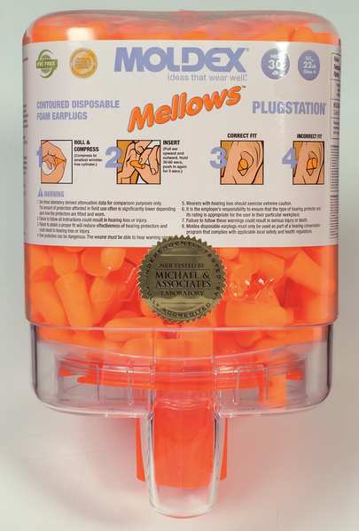 Disposable Uncorded Ear Plugs with Dispenser, Bell Shape, 30 dB, 250 Pairs, Orange