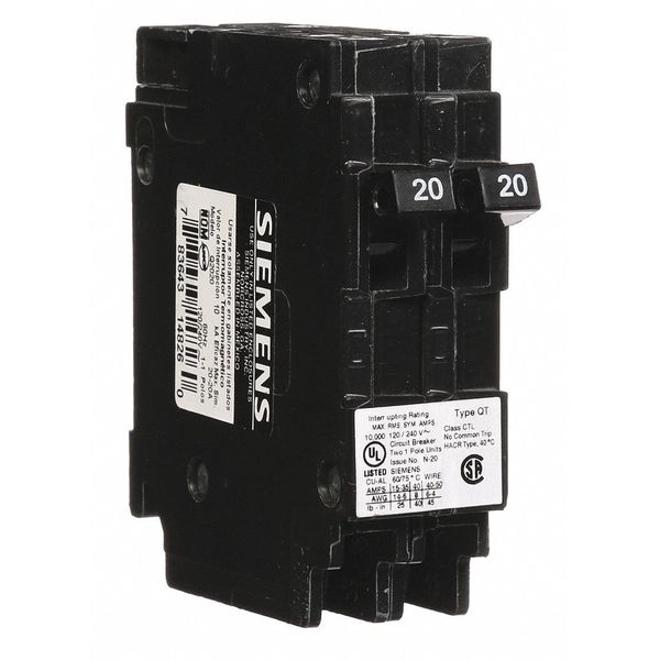 Miniature Circuit Breaker, 20/20 A, 120V AC, 1 Pole, Plug In Mounting Style, Q Series