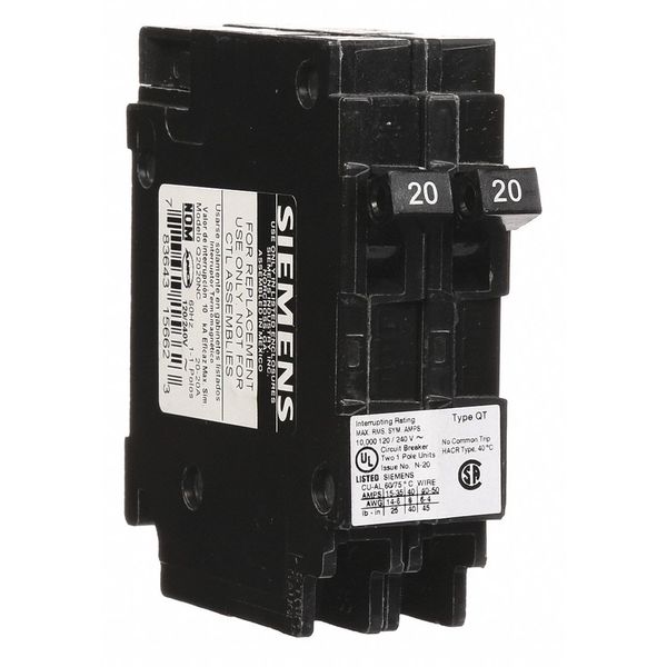 Miniature Circuit Breaker, 20/20 A, 120V AC, 1 Pole, Plug In Mounting Style, Q Series