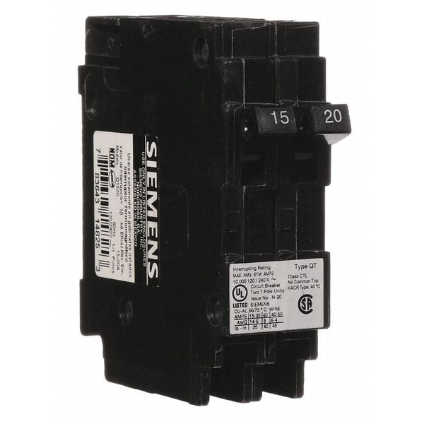 Miniature Circuit Breaker, 15/20 A, 120V AC, 1 Pole, Plug In Mounting Style, Q Series
