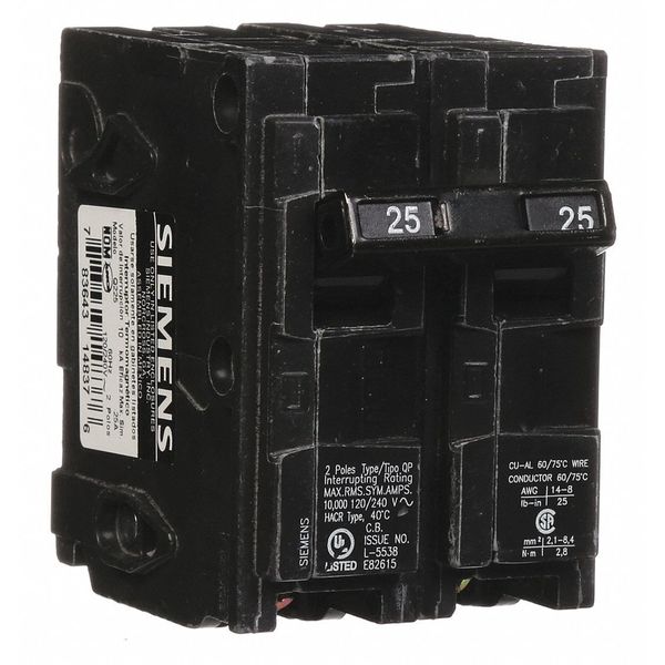 Miniature Circuit Breaker, 25 A, 120/240V AC, 2 Pole, Plug In Mounting Style, Q Series