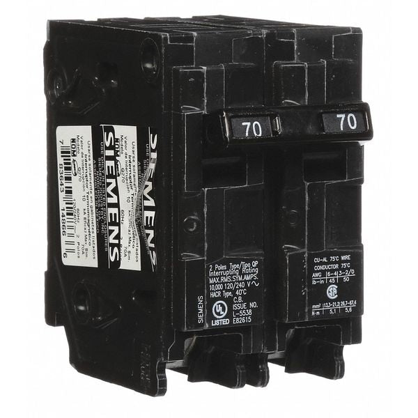 Miniature Circuit Breaker, 70 A, 120/240V AC, 2 Pole, Plug In Mounting Style, Q Series