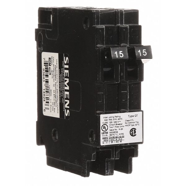 Miniature Circuit Breaker, 15/15 A, 120V AC, 1 Pole, Plug In Mounting Style, Q Series