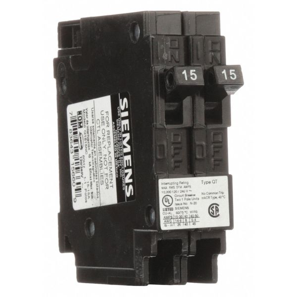 Miniature Circuit Breaker, 15/15 A, 120V AC, 1 Pole, Plug In Mounting Style, Q Series