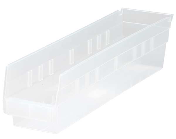 Shelf Storage Bin, Clear, Polypropylene, 17 7/8 in L x 4 1/8 in W x 4 in H, 50 lb Load Capacity