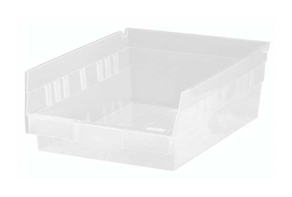 Shelf Storage Bin, Clear, Polypropylene, 11 5/8 in L x 8 3/8 in W x 4 in H, 50 lb Load Capacity