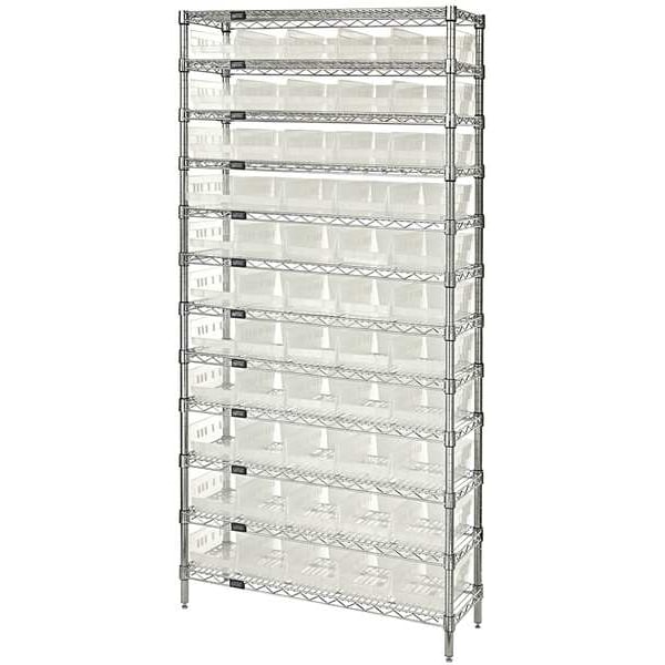 Steel, Polypropylene Bin Shelving, 36 in W x 74 in H x 12 in D, 12 Shelves, Clear