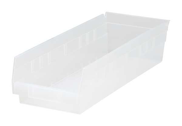 Shelf Storage Bin, Clear, Polypropylene, 17 7/8 in L x 6 5/8 in W x 4 in H, 50 lb Load Capacity