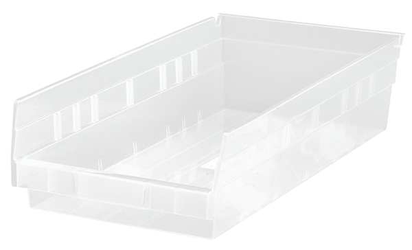 Shelf Storage Bin, Clear, Polypropylene, 17 7/8 in L x 6 5/8 in W x 4 in H, 50 lb Load Capacity
