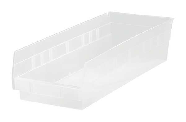 Shelf Storage Bin, Clear, Polypropylene, 17 7/8 in L x 8 3/8 in W x 4 in H, 50 lb Load Capacity