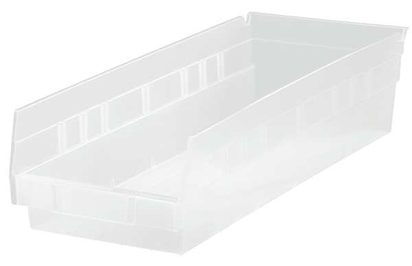 Shelf Storage Bin, Clear, Polypropylene, 17 7/8 in L x 8 3/8 in W x 4 in H, 50 lb Load Capacity