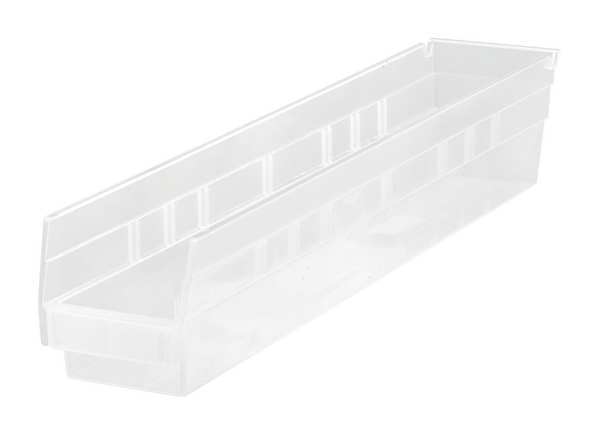 Shelf Storage Bin, Clear, Polypropylene, 23 5/8 in L x 4 1/8 in W x 4 in H, 50 lb Load Capacity