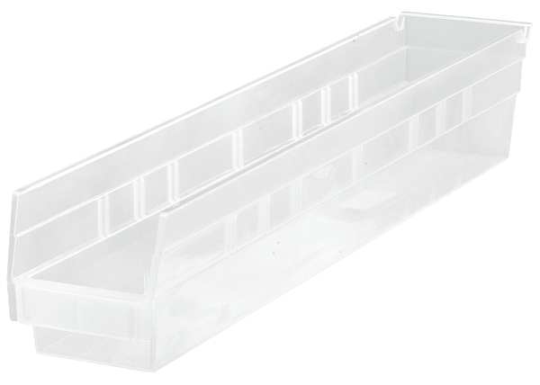 Shelf Storage Bin, Clear, Polypropylene, 23 5/8 in L x 4 1/8 in W x 4 in H, 50 lb Load Capacity