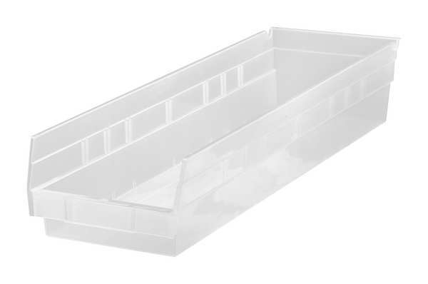 Shelf Storage Bin, Clear, Polypropylene, 23 5/8 in L x 6 5/8 in W x 4 in H, 50 lb Load Capacity