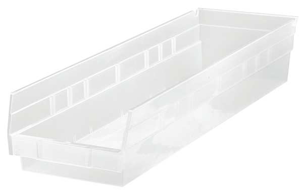 Shelf Storage Bin, Clear, Polypropylene, 23 5/8 in L x 6 5/8 in W x 4 in H, 50 lb Load Capacity
