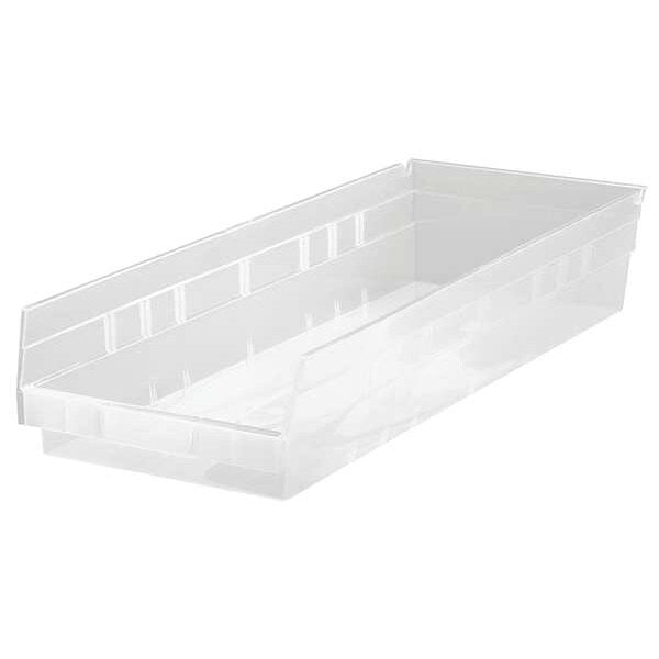 Shelf Storage Bin, Clear, Polypropylene, 23 5/8 in L x 8 3/8 in W x 4 in H, 50 lb Load Capacity
