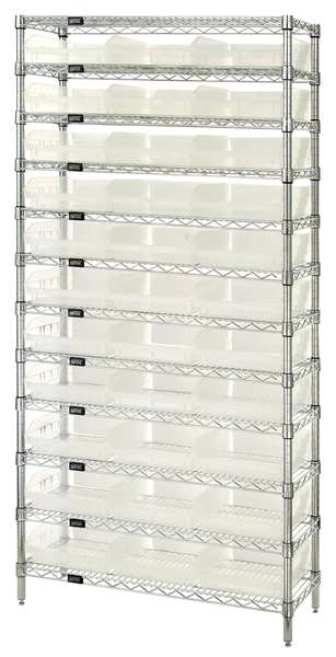 Steel, Polypropylene Bin Shelving, 36 in W x 74 in H x 24 in D, 12 Shelves, Clear