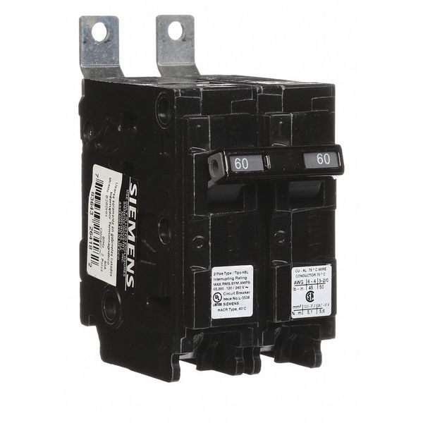 Miniature Circuit Breaker, 60 A, 120/240V AC, 2 Pole, Bolt On Mounting Style, BL Series
