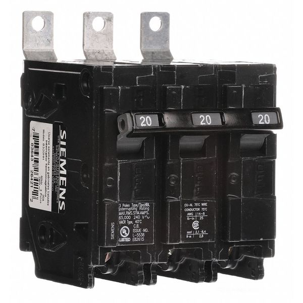Miniature Circuit Breaker, 20 A, 240V AC, 3 Pole, Bolt On Mounting Style, BL Series