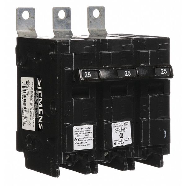 Miniature Circuit Breaker, 25 A, 240V AC, 3 Pole, Bolt On Mounting Style, BL Series