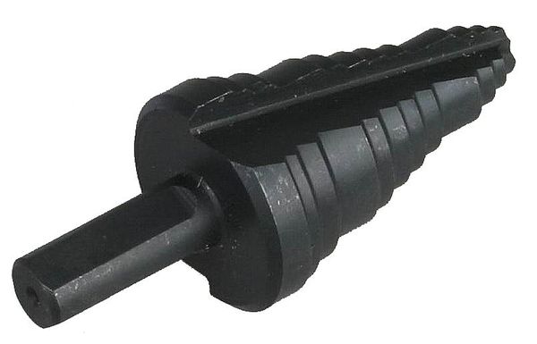 Step Drill Bit, 10 Hole Sizes, 1/4 in to 1-3/8 in, 1/16 in Step Increments, Black Oxide