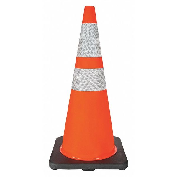 Traffic Cone, Standard Shape, PVC, 28 in H, Orange, 2 Reflective Stripes, Black Base