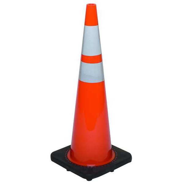 Traffic Cone, Standard Shape, PVC, 28 in H, Orange, 2 Reflective Stripes, Black Base