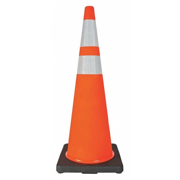 Traffic Cone, Standard Shape, PVC, 36 in H, Orange, 2 Reflective Stripes, Black Base