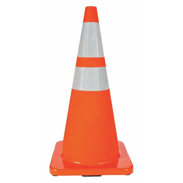 Traffic Cone, Standard Shape, PVC, 28 in H, Orange, 2 Reflective Stripes, Orange Base