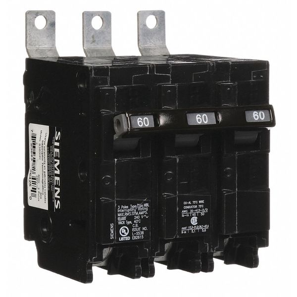 Miniature Circuit Breaker, 60 A, 240V AC, 3 Pole, Bolt On Mounting Style, BL Series