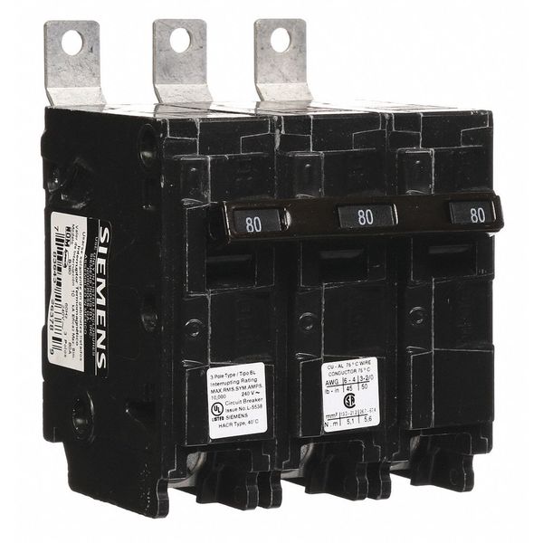 Miniature Circuit Breaker, 80 A, 240V AC, 3 Pole, Bolt On Mounting Style, BL Series