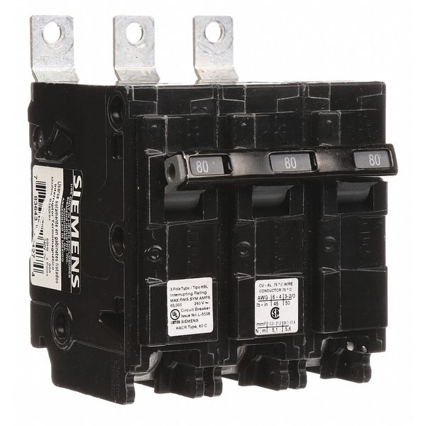 Miniature Circuit Breaker, 80 A, 240V AC, 3 Pole, Bolt On Mounting Style, BL Series