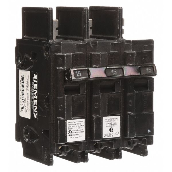 Miniature Circuit Breaker, 15 A, 240V AC, 3 Pole, Bolt On Mounting Style, BQH Series