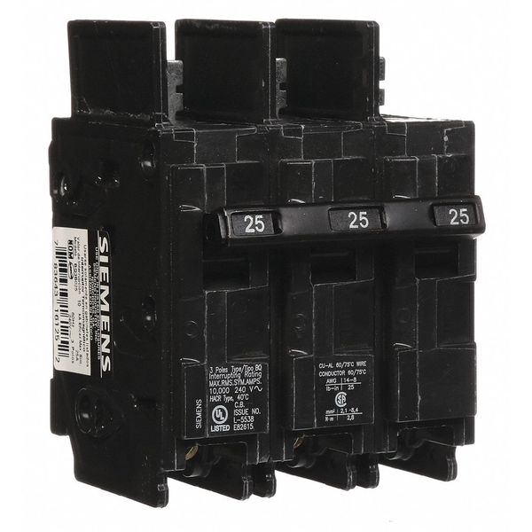 Miniature Circuit Breaker, 25 A, 240V AC, 3 Pole, Bolt On Mounting Style, BQ Series