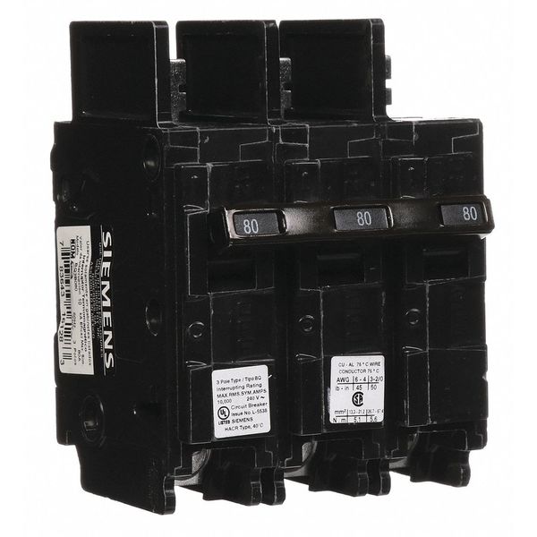 Miniature Circuit Breaker, 80 A, 240V AC, 3 Pole, Bolt On Mounting Style, BQ Series