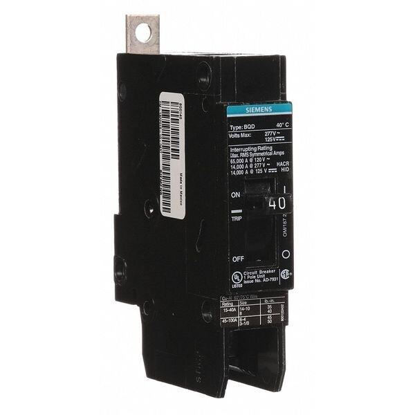 Miniature Circuit Breaker, 40 A, 277V AC, 1 Pole, Bolt On Mounting Style, BQD Series