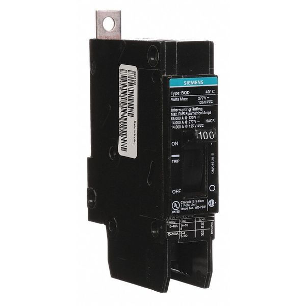 Miniature Circuit Breaker, 100 A, 277V AC, 1 Pole, Bolt On Mounting Style, BQD Series