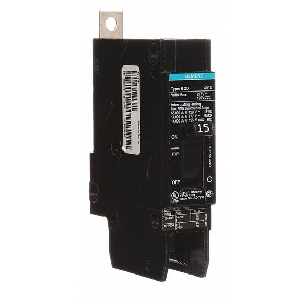 Miniature Circuit Breaker, 15 A, 277V AC, 1 Pole, Bolt On Mounting Style, BQD Series