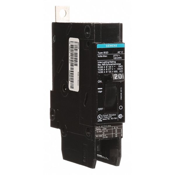 Miniature Circuit Breaker, 20 A, 277V AC, 1 Pole, Bolt On Mounting Style, BQD Series