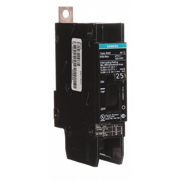 Miniature Circuit Breaker, 25 A, 277V AC, 1 Pole, Bolt On Mounting Style, BQD Series