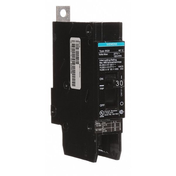 Miniature Circuit Breaker, 30 A, 277V AC, 1 Pole, Bolt On Mounting Style, BQD Series