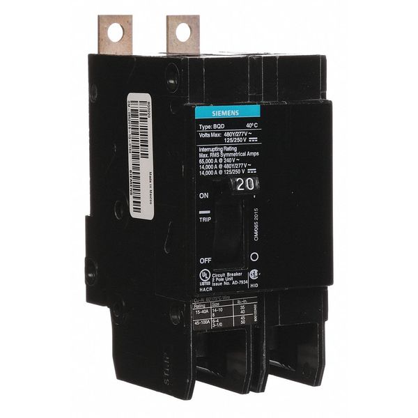 Miniature Circuit Breaker, 20 A, 480V AC, 2 Pole, Bolt On Mounting Style, BQD Series