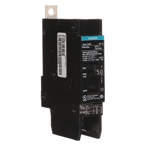 Miniature Circuit Breaker, 50 A, 277V AC, 1 Pole, Bolt On Mounting Style, BQD Series