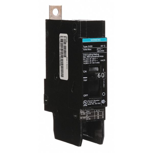 Miniature Circuit Breaker, 60 A, 277V AC, 1 Pole, Bolt On Mounting Style, BQD Series