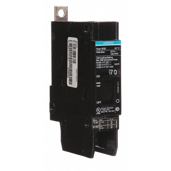 Miniature Circuit Breaker, 70 A, 277V AC, 1 Pole, Bolt On Mounting Style, BQD Series