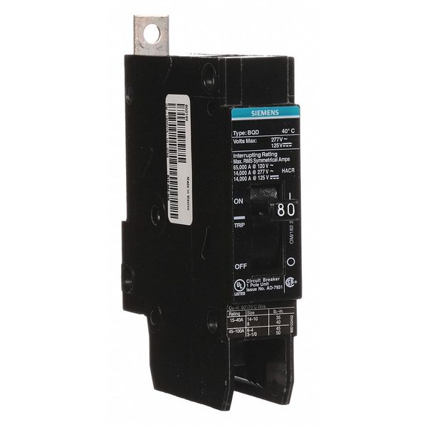 Miniature Circuit Breaker, 80 A, 277V AC, 1 Pole, Bolt On Mounting Style, BQD Series