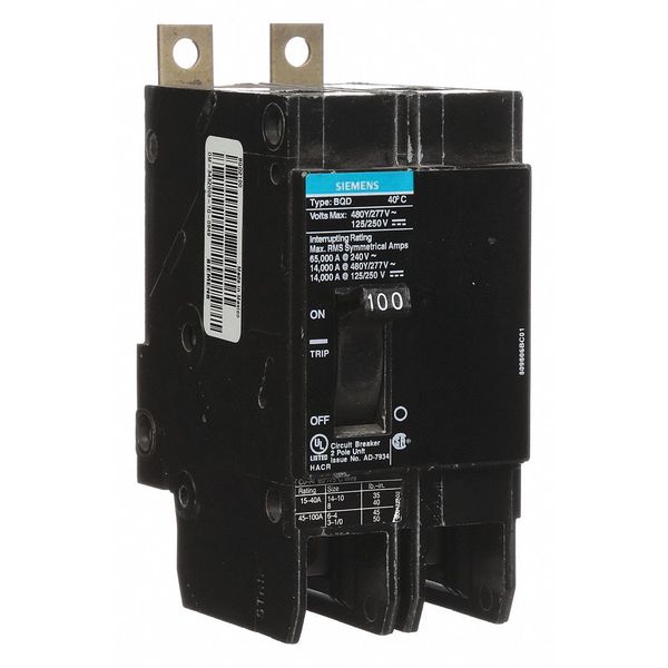 Miniature Circuit Breaker, 100 A, 480V AC, 2 Pole, Bolt On Mounting Style, BQD Series